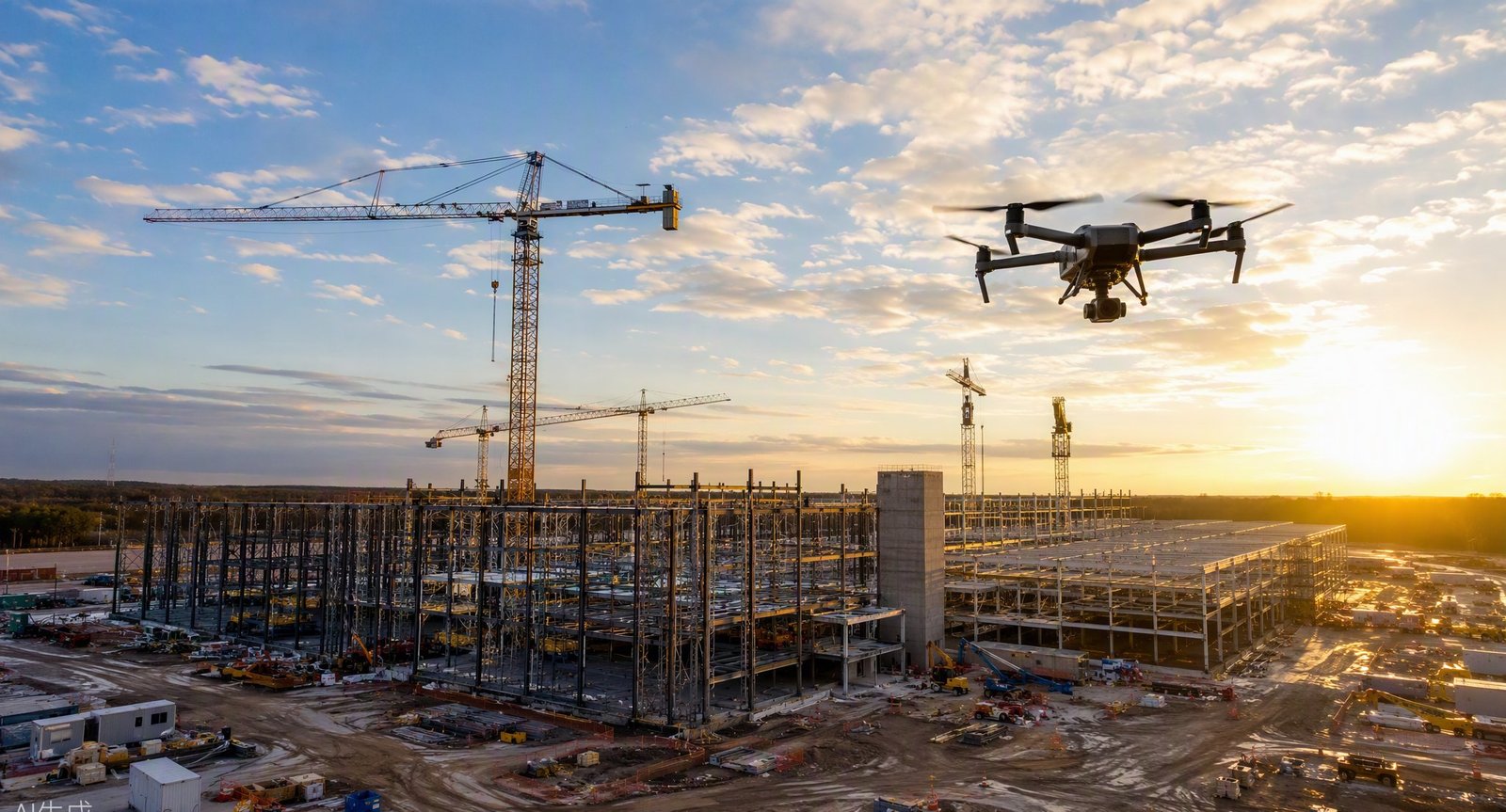 Aerial view of a large construction site at golden hour